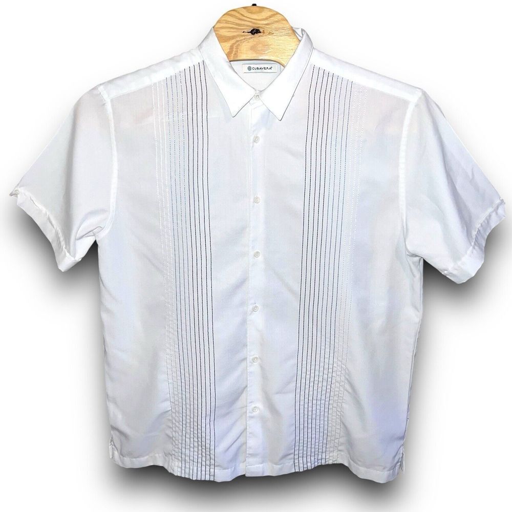 Cubaveral‎ XL White Striped Stitching Short Sleeve Button Up Cuban Hawaiian Shir